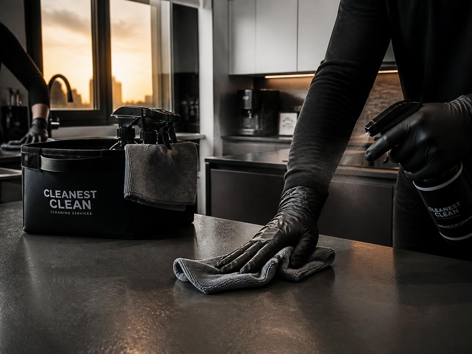 Professional cleaner wiping a kitchen countertop