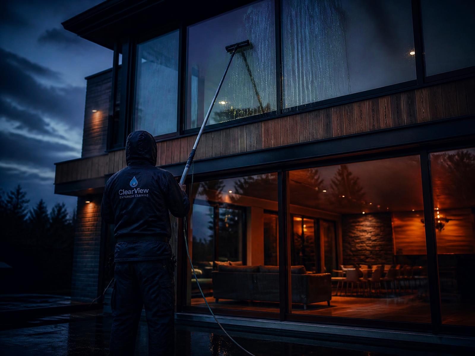 Technician cleaning windows on a modern home